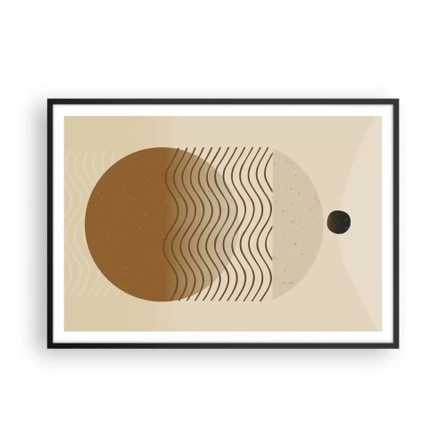 Plakat w czarnej ramie - Geometryczna abstrakcja z kołami i falistymi liniami w ciepłych barwach - 100x70cm - O pochodzeniu figur geometrycznych - Nowoczesna dekoracja ścienna do salonu i sypialni ARTTOR