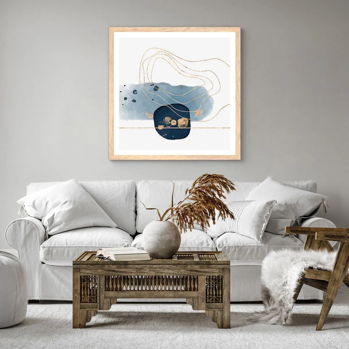 Plakat w ramie jasny dąb - Niebiesko-złota fantazja - 30x30 cm