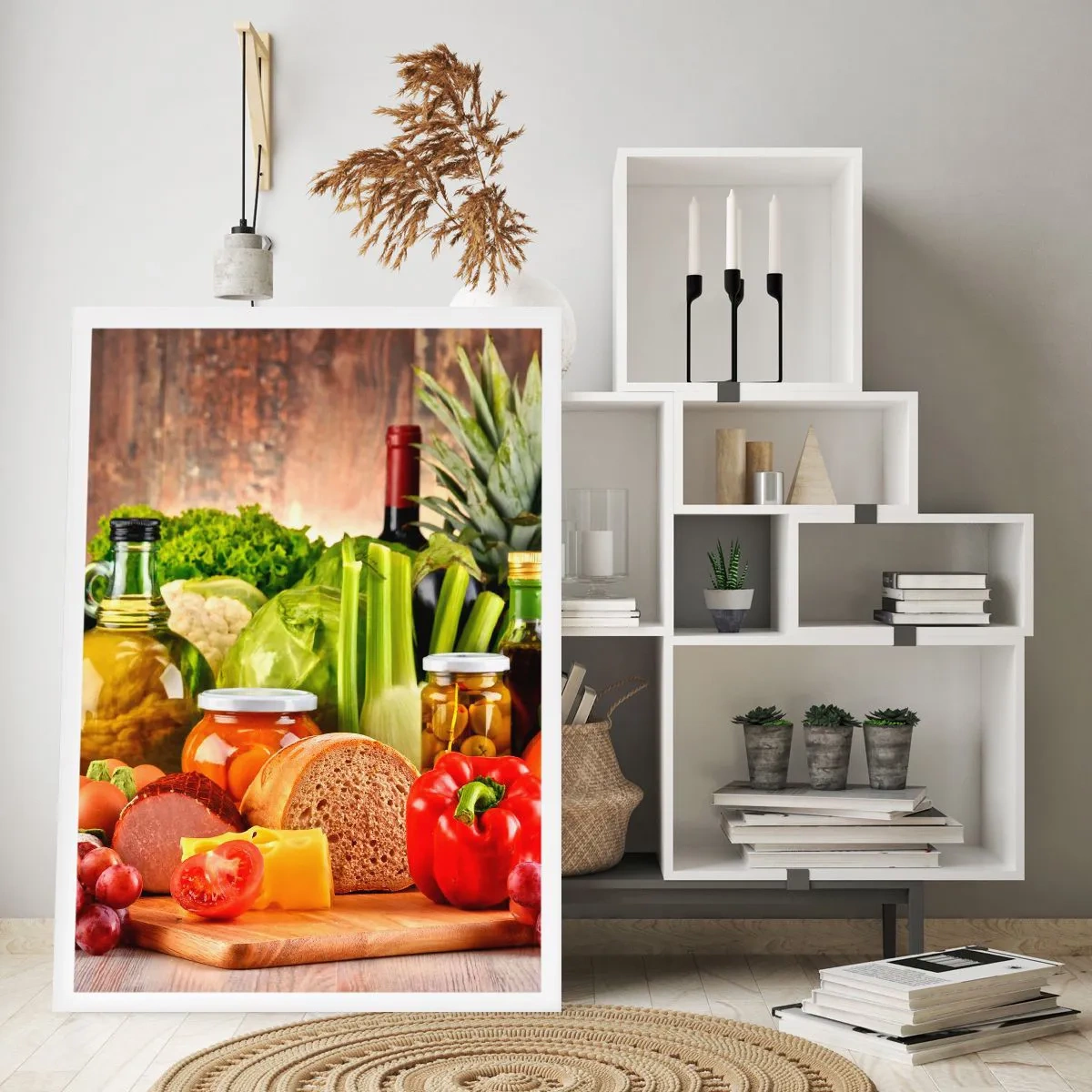 Plakat - Kolorowe warzywa i produkty spożywcze na drewnianym tle - 50x70cm - Wędzone, pieczone, marynowane - Nowoczesna dekoracja ścienna do salonu, kuchni i sypialni ARTTOR