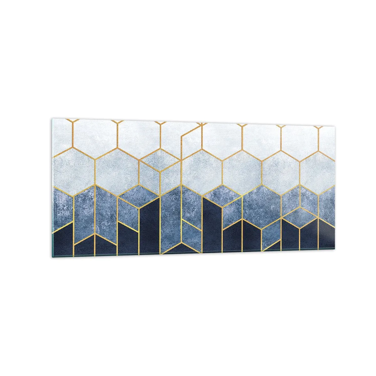 Obraz na szkle - Geometryczny wzór w odcieniach złota i granatu - 120x50cm - Kompozycja w synkopowym rytmie - Nowoczesna dekoracja ścienna do salonu i sypialni ARTTOR