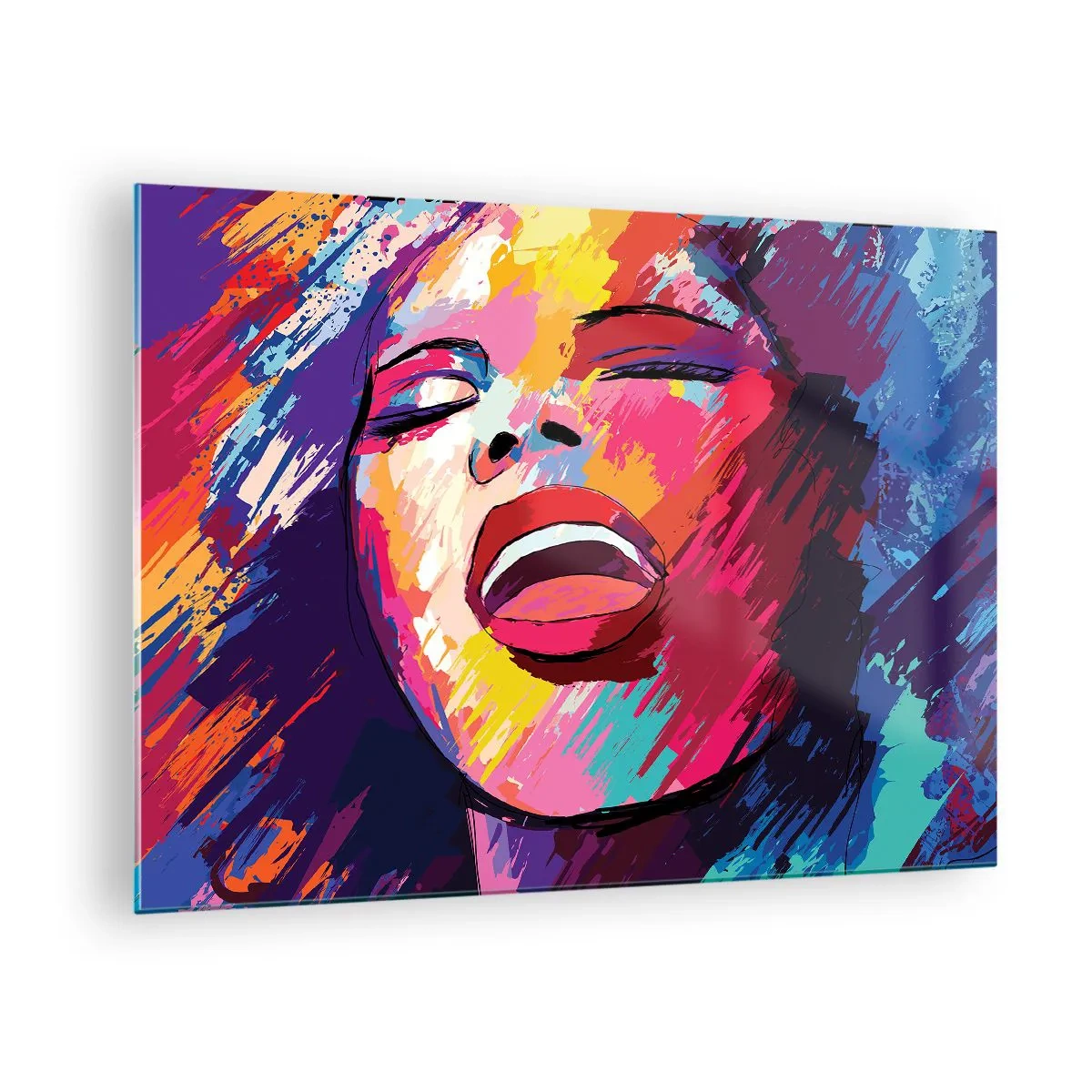 Obraz na szkle - Abstrakcyjny portret kobiety w intensywnych kolorach - 70x50cm - Wyśpiewać całe życie - Nowoczesna dekoracja ścienna do salonu i sypialni ARTTOR