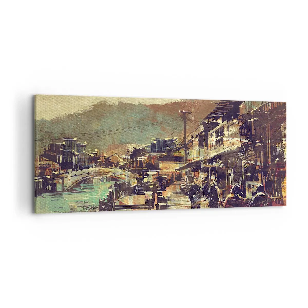 Obraz na płótnie - Miasteczko z mostem i uliczkami w artystycznym stylu - 120x50cm - Życie jako bogactwo szarości - Nowoczesna dekoracja ścienna do salonu i sypialni ARTTOR