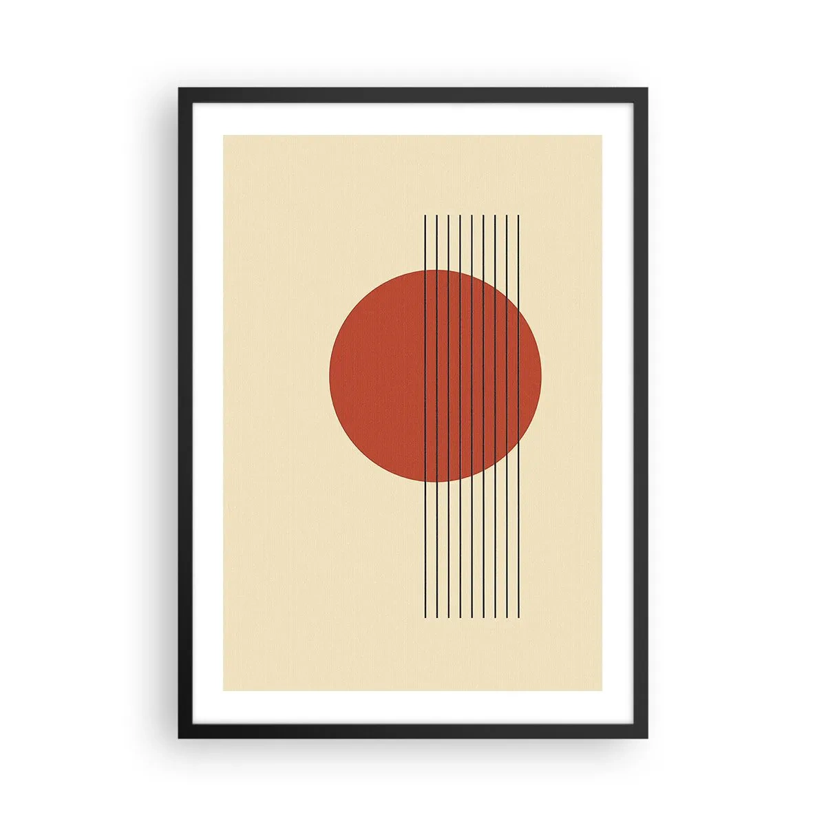 Plakat w czarnej ramie - Geometryczna kompozycja z czerwonym okręgiem - 50x70cm - W koło i dalej - Nowoczesna dekoracja ścienna do salonu i sypialni ARTTOR