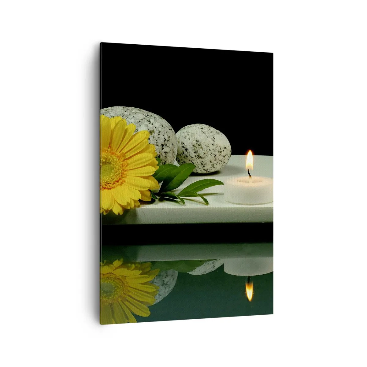 Obraz na płótnie - Żółty kwiat, świece i kamienie na tle wody - 70x100cm - Ukojenie zmysłów - Nowoczesna dekoracja ścienna do salonu i sypialni ARTTOR