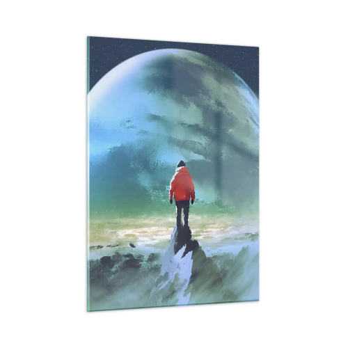 Obraz na szkle - Postać w czerwonej kurtce na tle ogromnej planety i gwiazd - 50x70cm - Odkrywca nowej ziemi - Nowoczesna dekoracja ścienna do salonu, kuchni i sypialni ARTTOR
