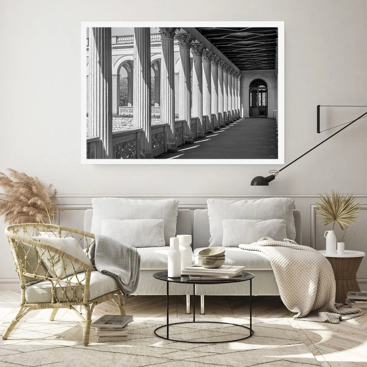 Plakat - Kolumnada w klasycznym stylu w czerni i bieli - 100x70cm - Słoneczna arkada - Nowoczesna dekoracja ścienna do salonu i sypialni ARTTOR