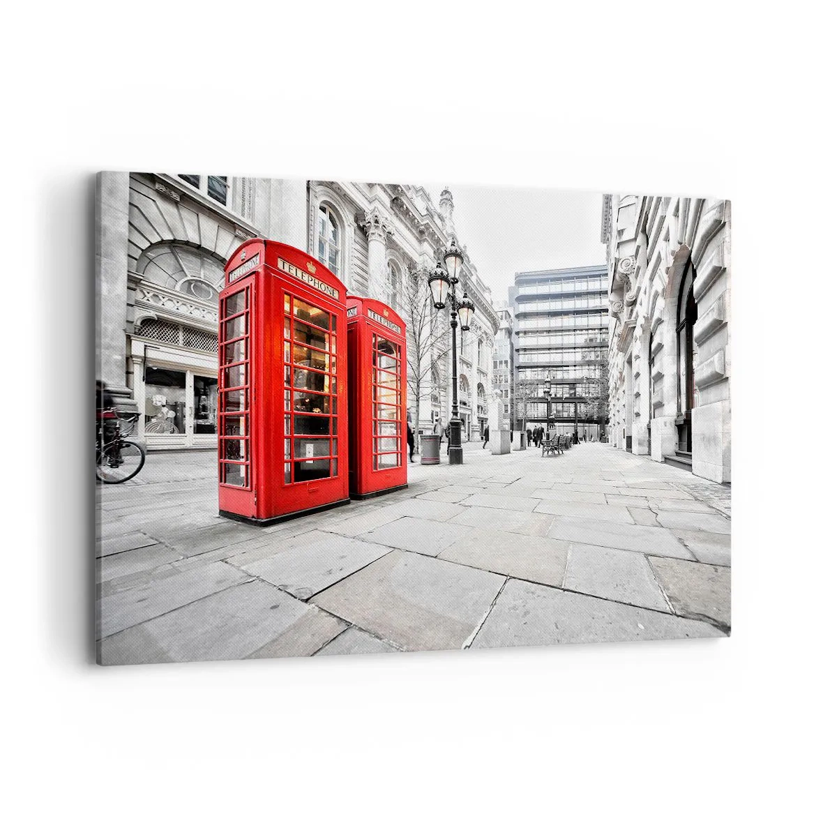 Obraz na płótnie - Czerwone budki telefoniczne na tle miejskiego krajobrazu - 120x80cm - Welcome to London - Nowoczesna dekoracja ścienna do salonu, kuchni i sypialni ARTTOR
