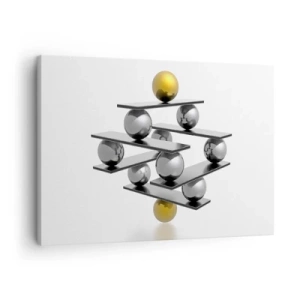 Obraz na płótnie - Geometryczna kompozycja z metalowymi kulami i złotym akcentem - 70x50cm - Złoto-srebrna równowaga - Nowoczesna dekoracja ścienna do salonu i sypialni ARTTOR