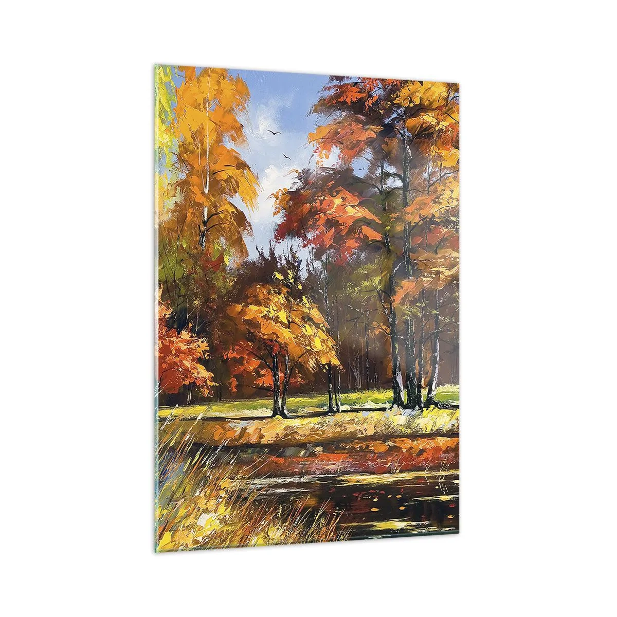 Obraz na szkle - Jesienny pejzaż z drzewami i odbiciem w wodzie - 50x70cm - Pejzaż w złocie i brązie - Nowoczesna dekoracja ścienna do salonu, kuchni i sypialni ARTTOR