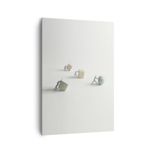 Obraz na płótnie - Miniaturowe postacie pchające kształty na jasnym tle - 70x100cm - Samo życie - Nowoczesna dekoracja ścienna do salonu i sypialni ARTTOR