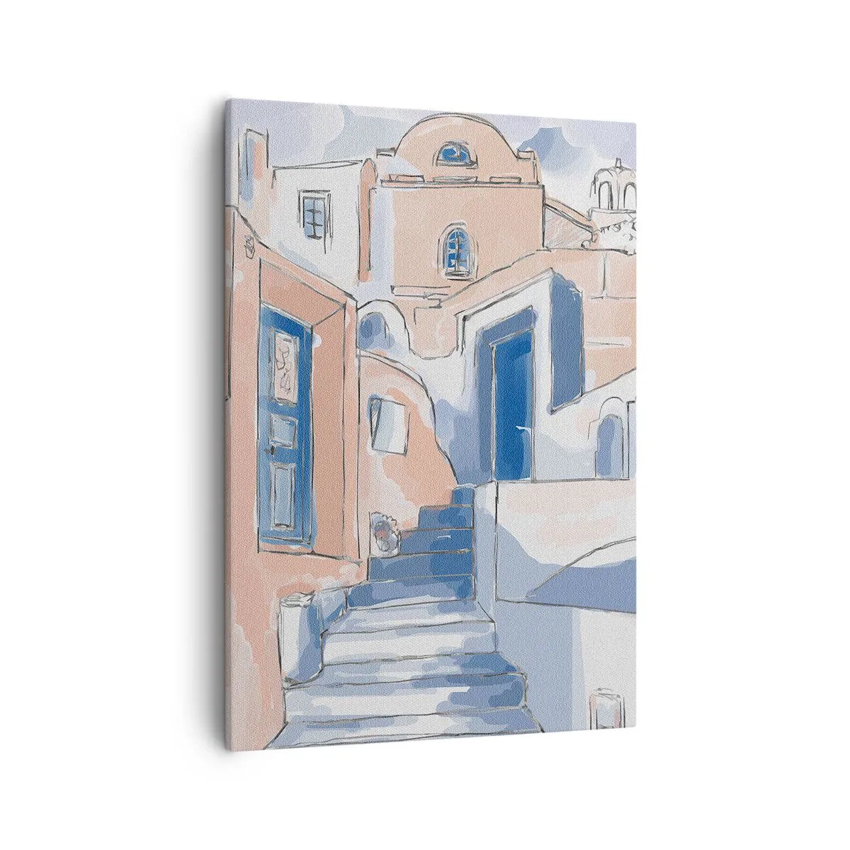 Obraz na płótnie - Artystyczna ilustracja śródziemnomorskiej architektury w odcieniach błękitu i beżu - 50x70cm - Egzotyczne miasto - Nowoczesna dekoracja ścienna do salonu, kuchni i sypialni ARTTOR