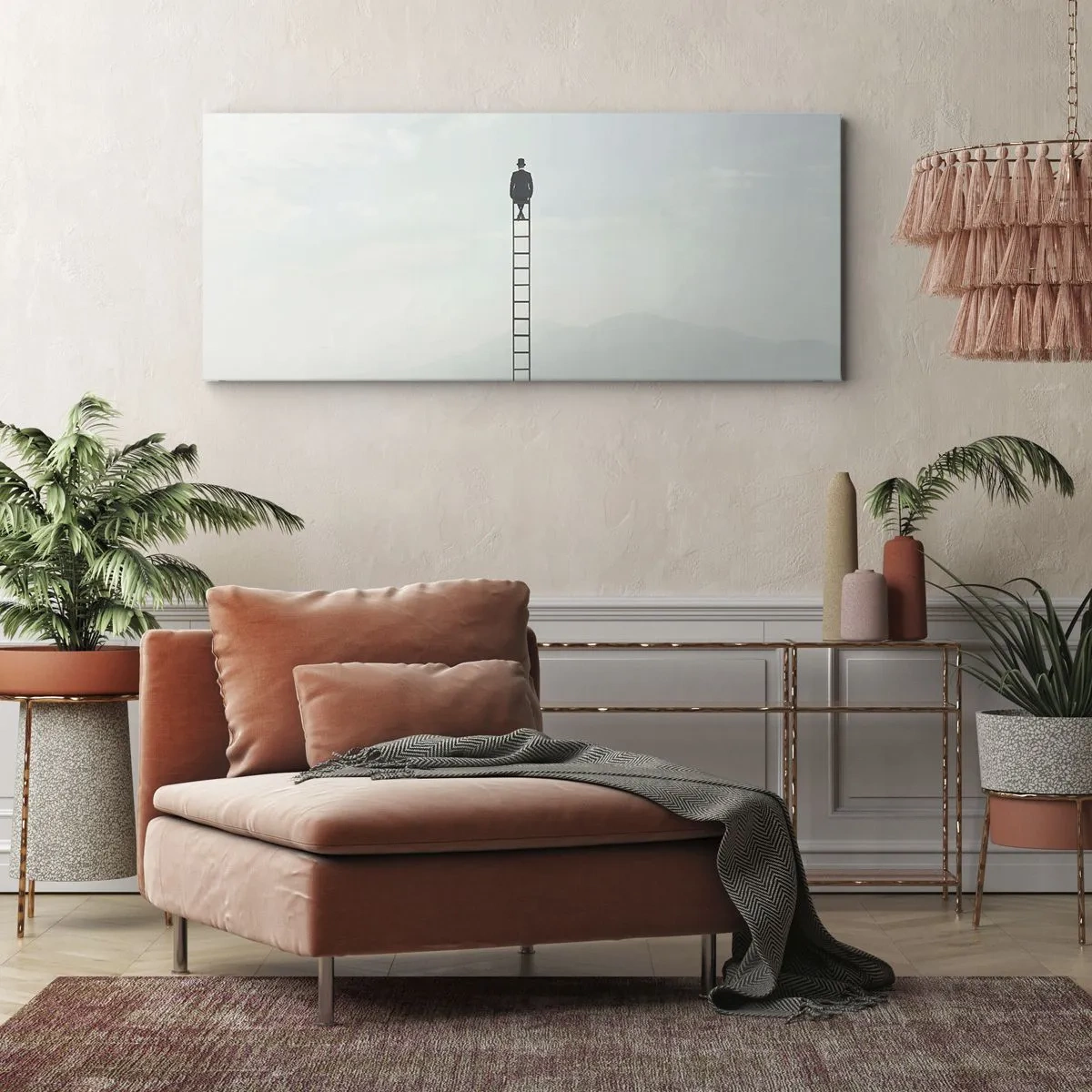 Obraz na płótnie - Mężczyzna na drabinie wznoszącej się w niebo - 160x50cm - Wznieś się ponadto - Nowoczesna dekoracja ścienna do salonu i sypialni ARTTOR