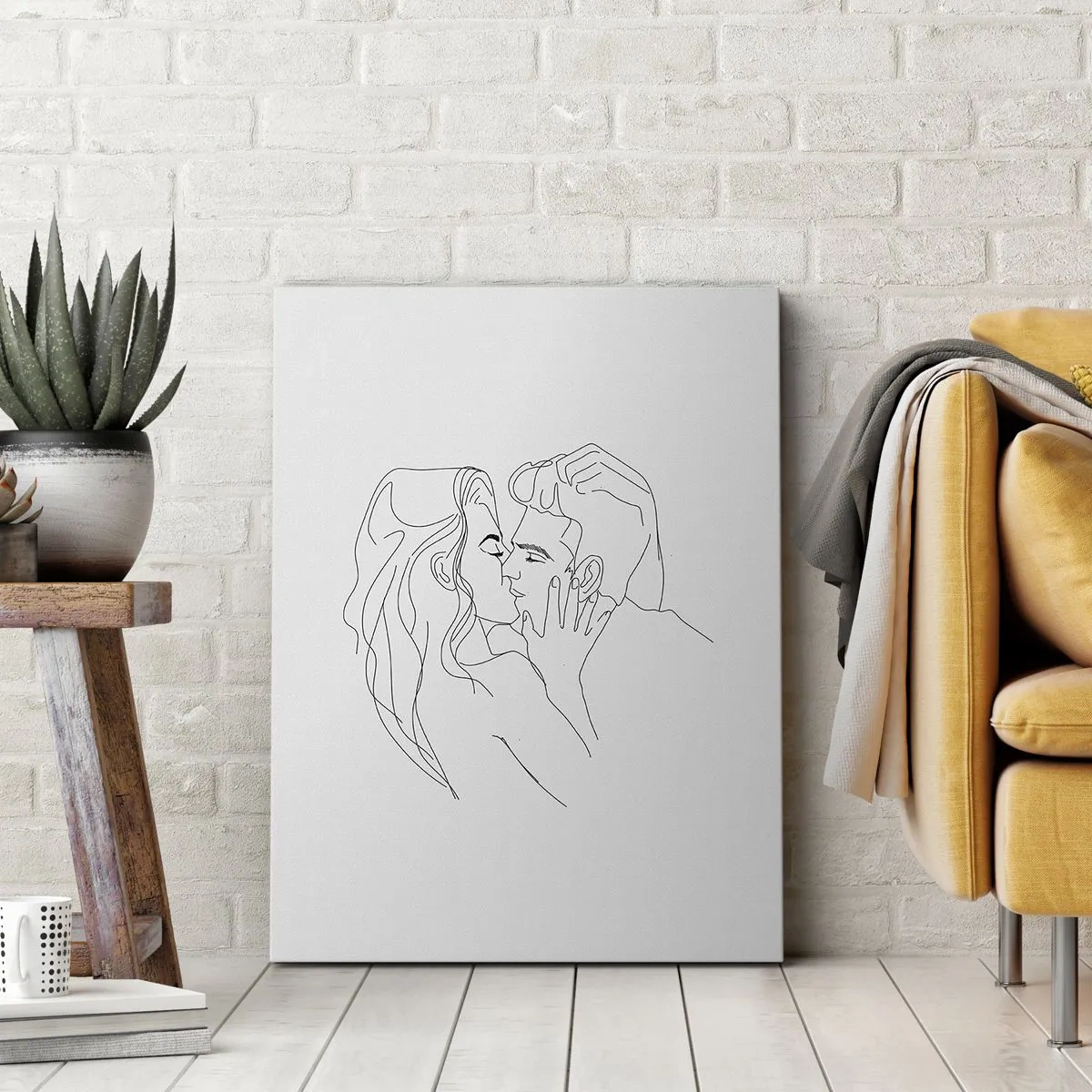Obraz na płótnie - Minimalistyczny szkic pary zakochanych w uścisku - 50x70cm - Tą samą kreską - Nowoczesna dekoracja ścienna do salonu, kuchni i sypialni ARTTOR