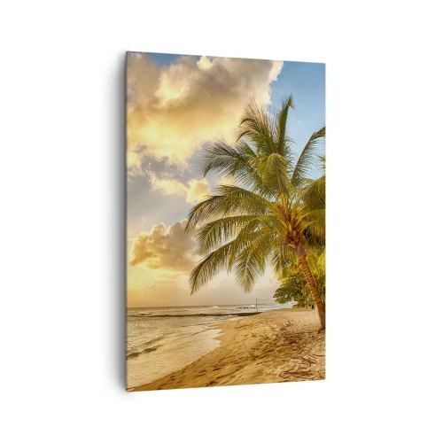 Obraz na płótnie - Plaża z palmami i zachodem słońca nad oceanem - 80x120cm - Wieczne lato, zawsze wakacje - Nowoczesna dekoracja ścienna do salonu i sypialni ARTTOR