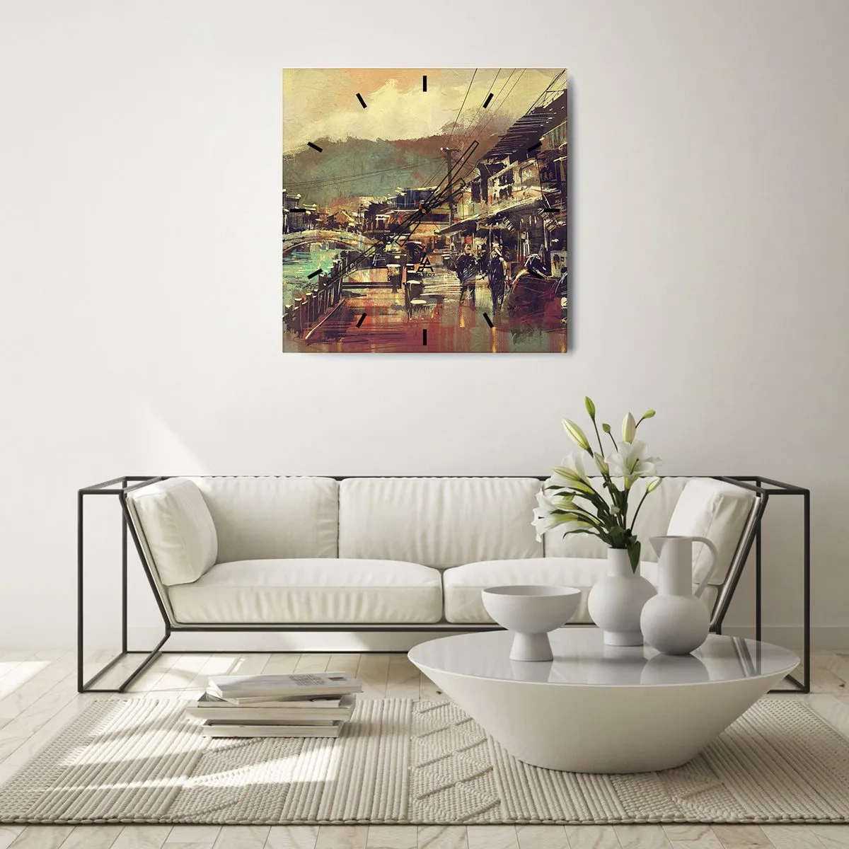 Zegar ścienny - Miasteczko z mostem i uliczkami w artystycznym stylu - 30x30cm - Życie jako bogactwo szarości - Nowoczesna dekoracja ścienna do salonu i sypialni ARTTOR