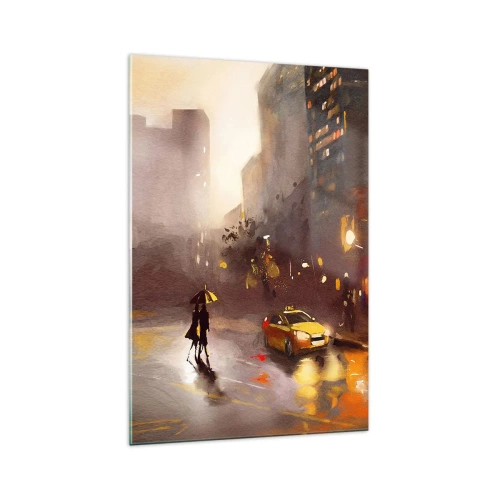 Obraz na szkle - Miejska scena nocą w świetle latarni i refleksach na mokrej ulicy - 70x100cm - W światłach Nowego Jorku - Nowoczesna dekoracja ścienna do salonu i sypialni ARTTOR