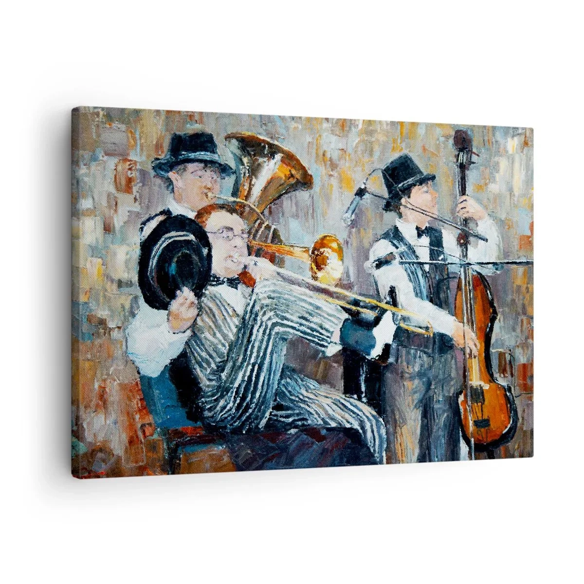 Obraz na płótnie - Muzycy jazzowi w stylu malarskim podczas koncertu - 70x50cm - Cały ten jazz - Nowoczesna dekoracja ścienna do salonu i sypialni ARTTOR