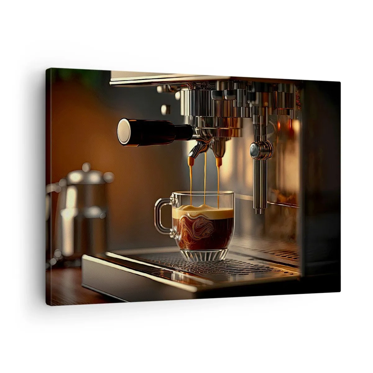 Obraz na płótnie - Ekspres do kawy z filiżanką aromatycznego espresso - 70x50cm - Zmysłowa mikstura - Nowoczesna dekoracja ścienna do salonu i sypialni ARTTOR