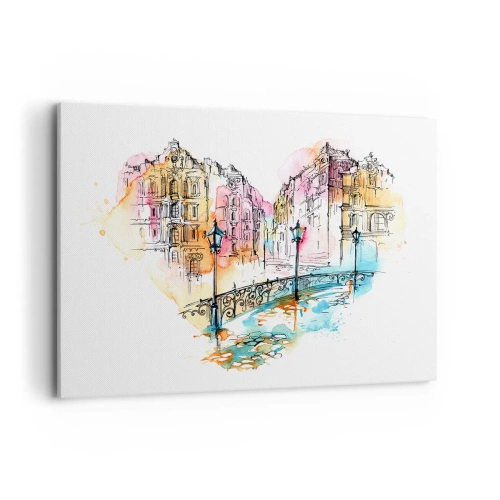 Obraz na płótnie - Akwarela mostu i kamienic w sercowym kształcie - 100x70cm - Serce miasta - Nowoczesna dekoracja ścienna do salonu, kuchni i sypialni ARTTOR