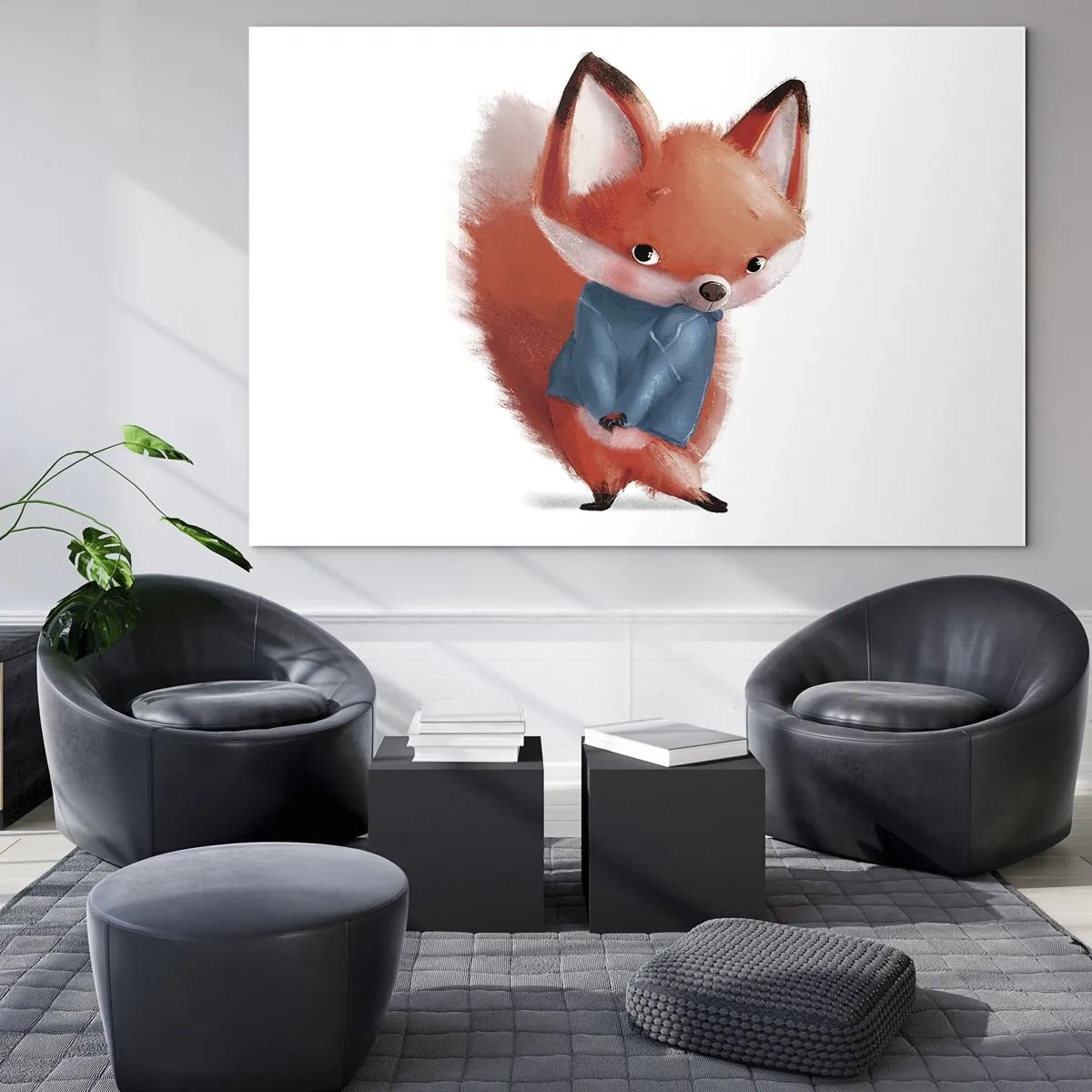 Obraz na szkle - Uroczy lisek w niebieskim sweterku na białym tle - 70x50cm - Ładnie mi w tym? - Nowoczesna dekoracja ścienna do salonu i sypialni ARTTOR