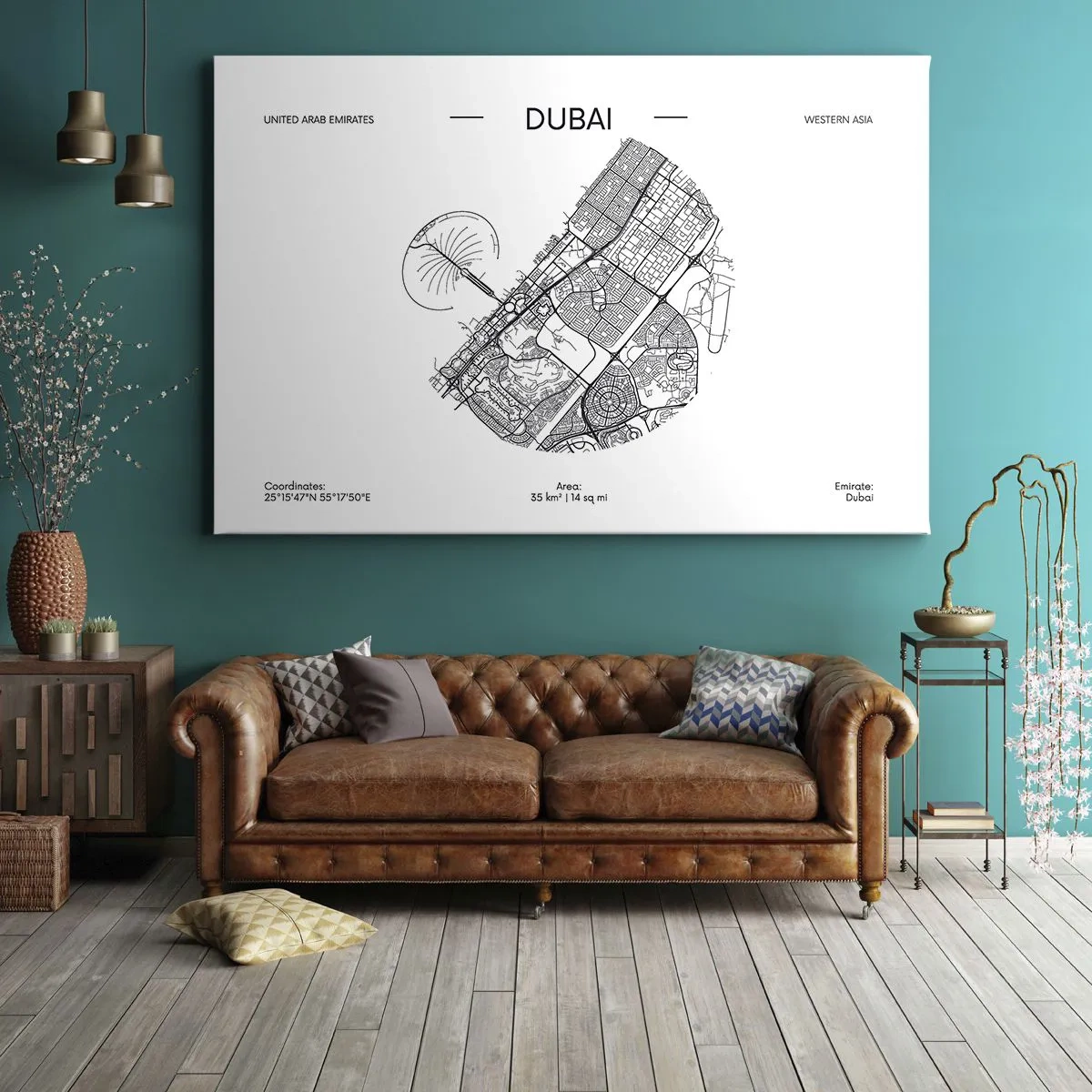 Obraz na płótnie - Minimalistyczna mapa Dubaju w czarno-białej kolorystyce z oznaczeniami lokalizacji - 70x50cm - Anatomia Dubaju - Nowoczesna dekoracja ścienna do salonu i sypialni ARTTOR