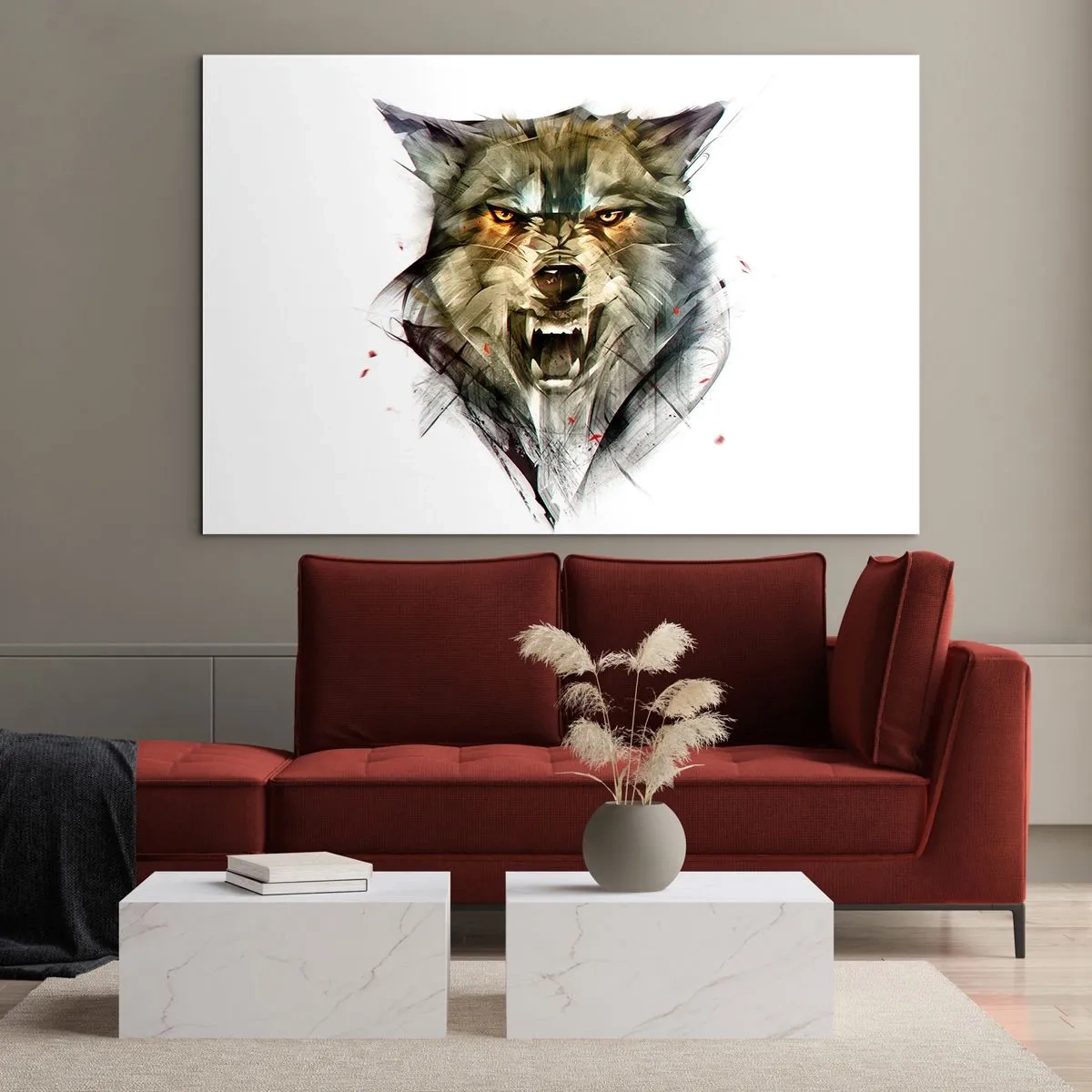 Obraz na szkle - Grafika groźnego wilka z otwartym pyskiem i intensywnym spojrzeniem - 70x50cm - Ani kroku! - Nowoczesna dekoracja ścienna do salonu i sypialni ARTTOR