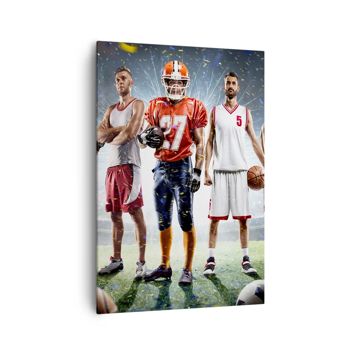 Obraz na płótnie - Dynamiczna scena sportowców różnych dyscyplin na stadionie w świetle reflektorów - 70x100cm - Gladiatorzy boisk - Nowoczesna dekoracja ścienna do salonu i sypialni ARTTOR