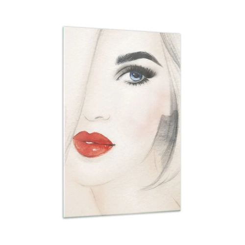 Obraz na szkle - Minimalistyczny portret kobiety z niebieskim okiem i czerwonymi ustami - 70x100cm - Hipnotyzuje i odurza - Nowoczesna dekoracja ścienna do salonu i sypialni ARTTOR
