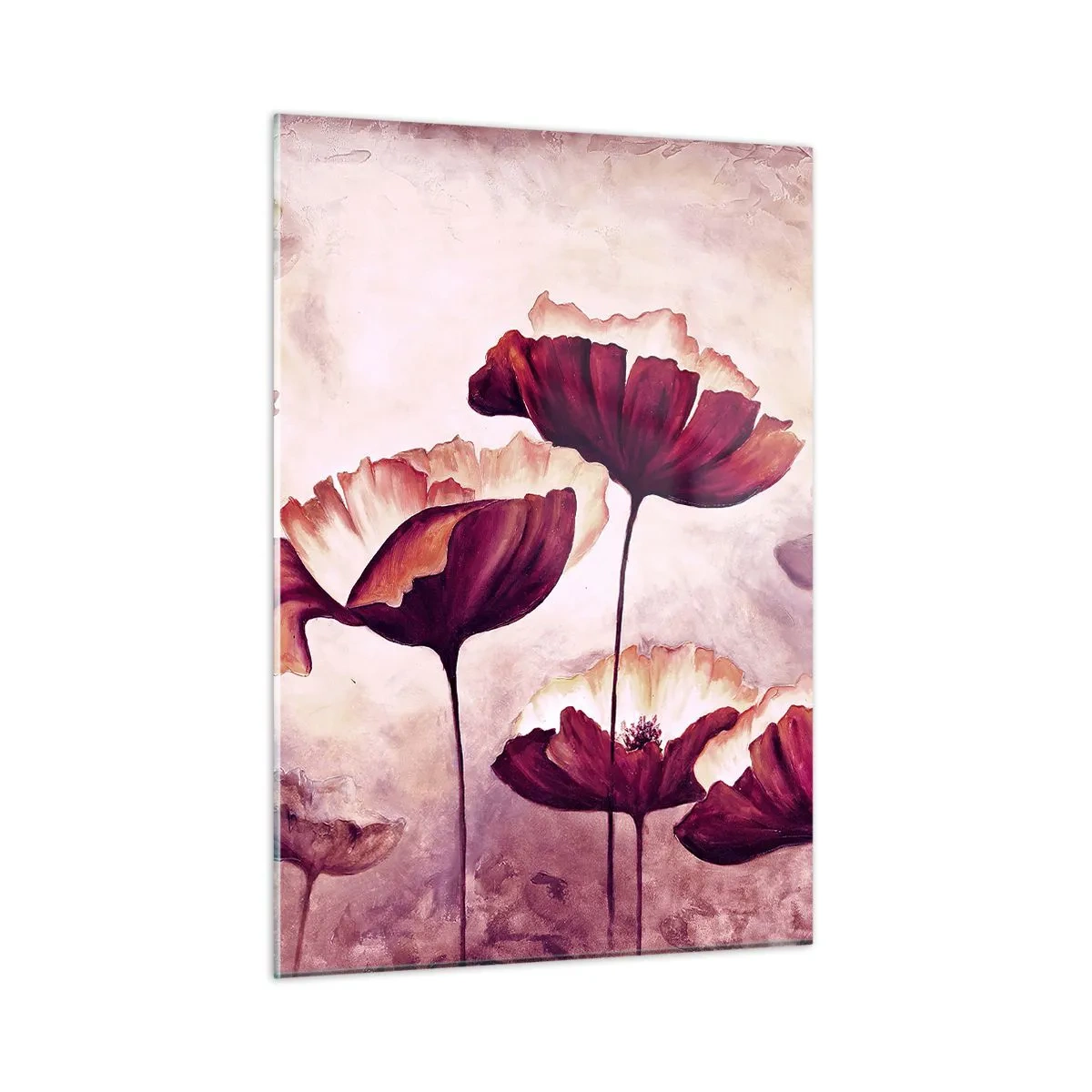 Obraz na szkle - Czerwono-białe maki na tle jasnego nieba - 50x70cm - Płatek czerwony i biały - Nowoczesna dekoracja ścienna do salonu, kuchni i sypialni ARTTOR