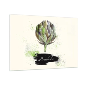 Obraz na szkle - Akwarelowa karczochowa grafika z napisem Artichoke - 100x70cm - Eviva warzywa! - Nowoczesna dekoracja ścienna do salonu, kuchni i sypialni ARTTOR