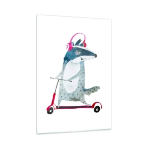 Obraz na szkle - Borsuk w słuchawkach na hulajnodze w stylu akwareli - 50x70cm - Borsucze radości - Nowoczesna dekoracja ścienna do salonu, kuchni i sypialni ARTTOR