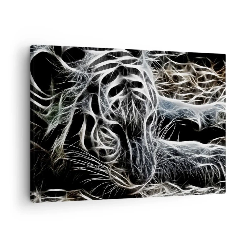 Obraz na płótnie - Abstrakcyjny wzór przedstawiający sylwetkę kota na czarnym tle - 70x50cm - Studium kociej lekkości - Nowoczesna dekoracja ścienna do salonu i sypialni ARTTOR