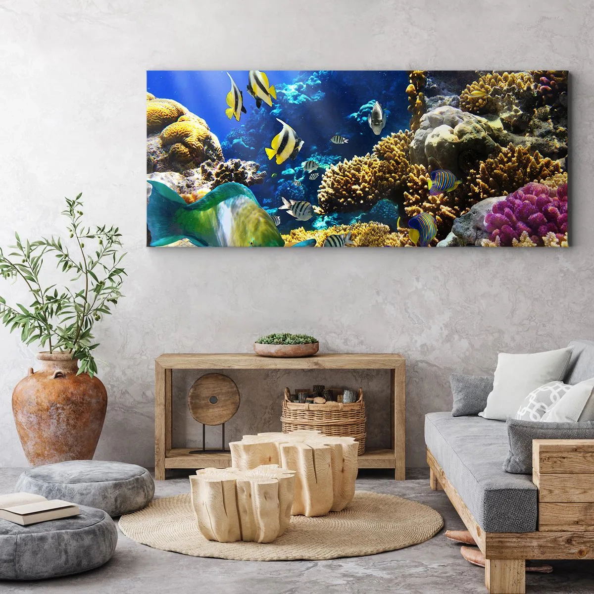 Obraz na płótnie - Kolorowa rafa koralowa z tropikalnymi rybami w głębinach oceanu - 140x50cm - Duży ruch na wakacyjnym szlaku - Nowoczesna dekoracja ścienna do salonu i sypialni ARTTOR