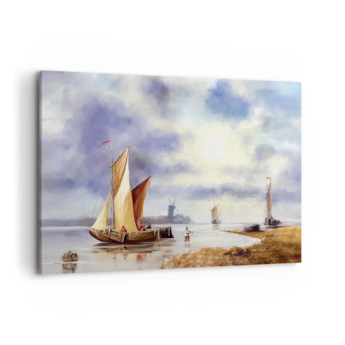 Obraz na płótnie - Żaglówki na spokojnej wodzie z wiatrakami w tle - 120x80cm - Powrót żeglarzy - Nowoczesna dekoracja ścienna do salonu, kuchni i sypialni ARTTOR