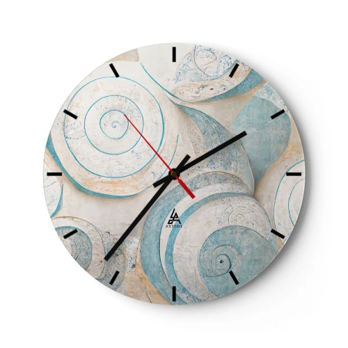 Zegar ścienny - Artystyczne spirale w stylu muszli w odcieniach błękitu i beżu - 30x30cm - Co kryje muszla? - Nowoczesna dekoracja ścienna do salonu, kuchni i sypialni ARTTOR