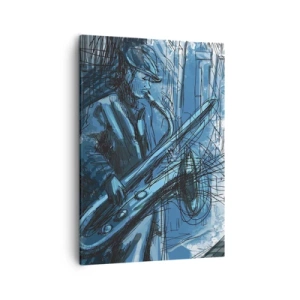 Obraz na płótnie - Muzyk grający na saksofonie w miejskim otoczeniu - 50x70cm - Miejska rapsodia - Nowoczesna dekoracja ścienna do salonu, kuchni i sypialni ARTTOR