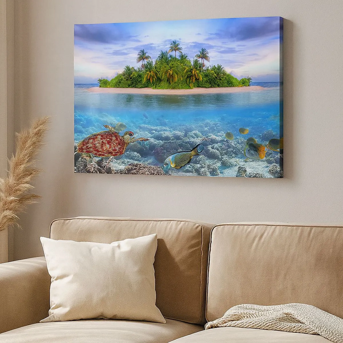 Obraz na płótnie - Tropikalna wyspa otoczona turkusowym oceanem z rafą koralową i rybami - 70x50cm - Niebiańska wyspa zaprasza - Nowoczesna dekoracja ścienna do salonu i sypialni ARTTOR