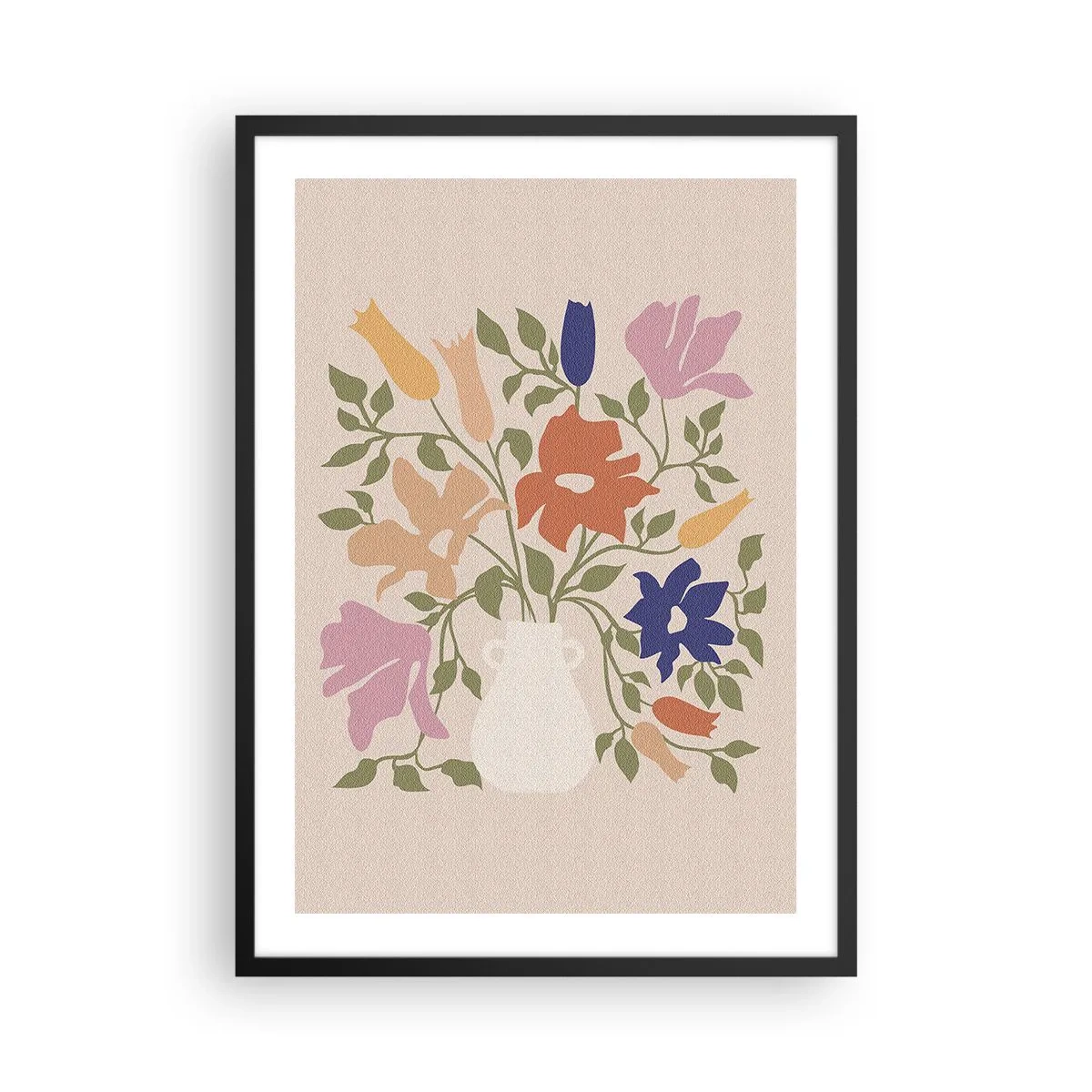 Plakat w czarnej ramie - Kolorowy bukiet kwiatów w jasnym wazonie na beżowym tle - 50x70cm - Bukiet delikatny - Nowoczesna dekoracja ścienna do salonu i sypialni ARTTOR