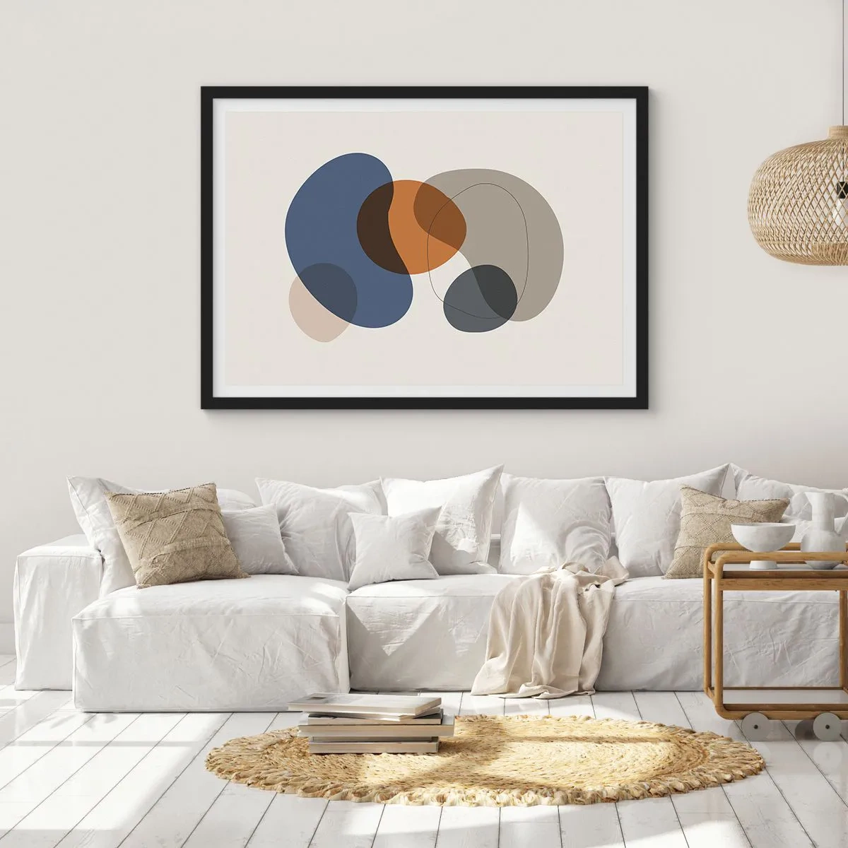 Plakat w czarnej ramie - Abstrakcyjne kolorowe formy w odcieniach niebieskiego i brązu - 100x70cm - Krople barw - Nowoczesna dekoracja ścienna do salonu i sypialni ARTTOR