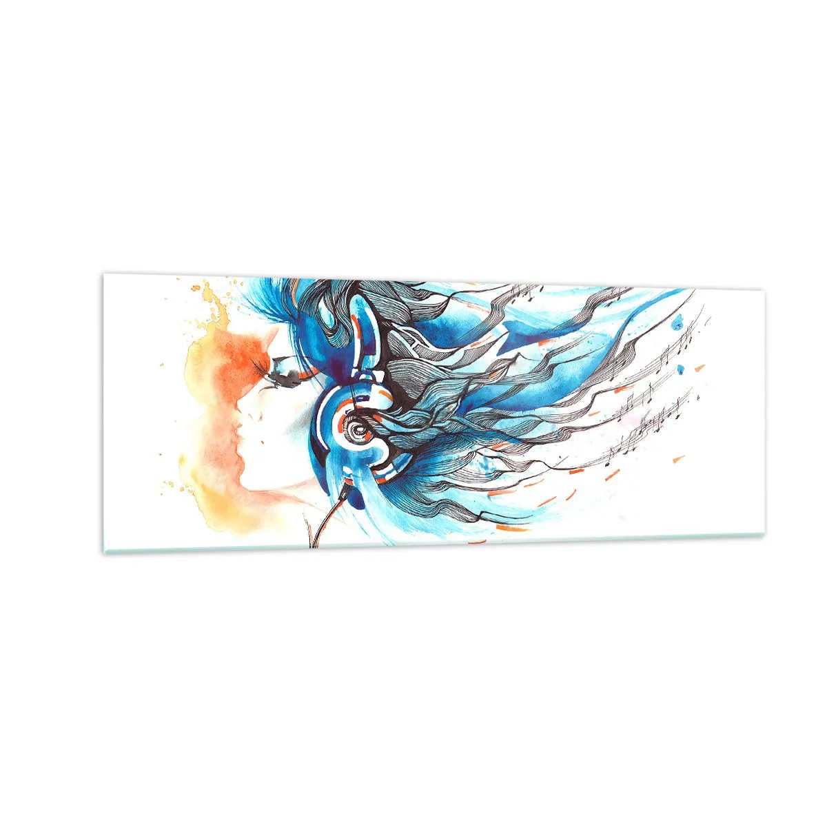 Obraz na szkle - Artystyczna grafika kobiety w słuchawkach z muzycznymi akcentami - 140x50cm - Niech gra muzyka - Nowoczesna dekoracja ścienna do salonu i sypialni ARTTOR