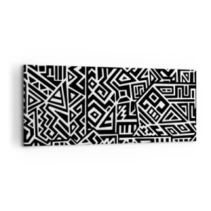 Obraz na płótnie - Czarno-białe geometryczne wzory inspirowane kulturą prekolumbijską - 120x50cm - Kompozycja prekolumbijska - Nowoczesna dekoracja ścienna do salonu i sypialni ARTTOR