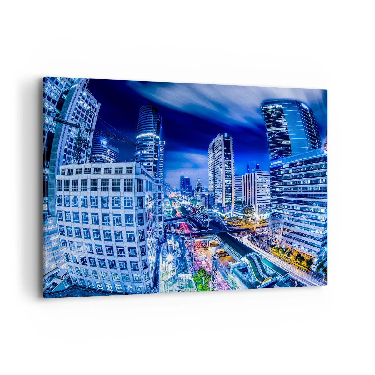Obraz na płótnie - Nocna panorama miasta z drapaczami chmur i światłami ulic - 100x70cm - Rytmy nocnego miasta - Nowoczesna dekoracja ścienna do salonu, kuchni i sypialni ARTTOR