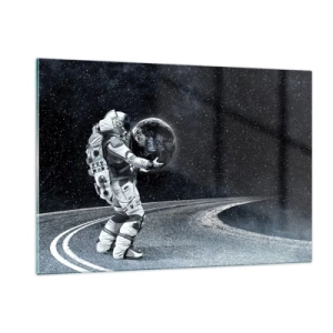 Obraz na szkle - Astronauta niosący Ziemię po drodze we wszechświecie - 120x80cm - Na Mlecznej Drodze - Nowoczesna dekoracja ścienna do salonu, kuchni i sypialni ARTTOR