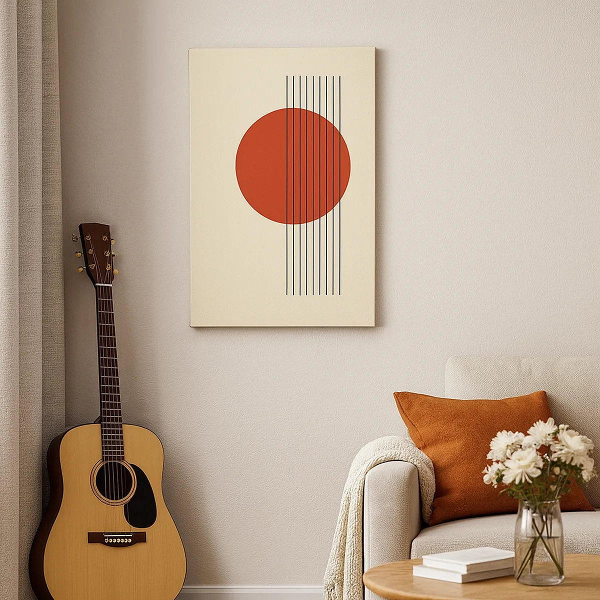 Obraz na płótnie - Abstrakcyjna kompozycja z czerwonym kołem i pionowymi liniami - 50x70cm - W koło i dalej - Nowoczesna dekoracja ścienna do salonu, kuchni i sypialni ARTTOR