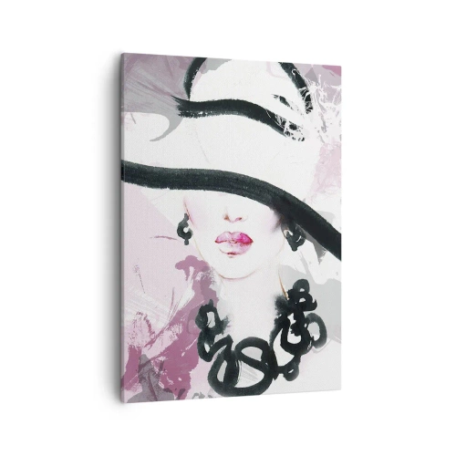 Obraz na płótnie - Elegancki kobiecy portret z kapeluszem w stylu fashion - 50x70cm - Portret damy w czerni i różu - Nowoczesna dekoracja ścienna do salonu, kuchni i sypialni ARTTOR