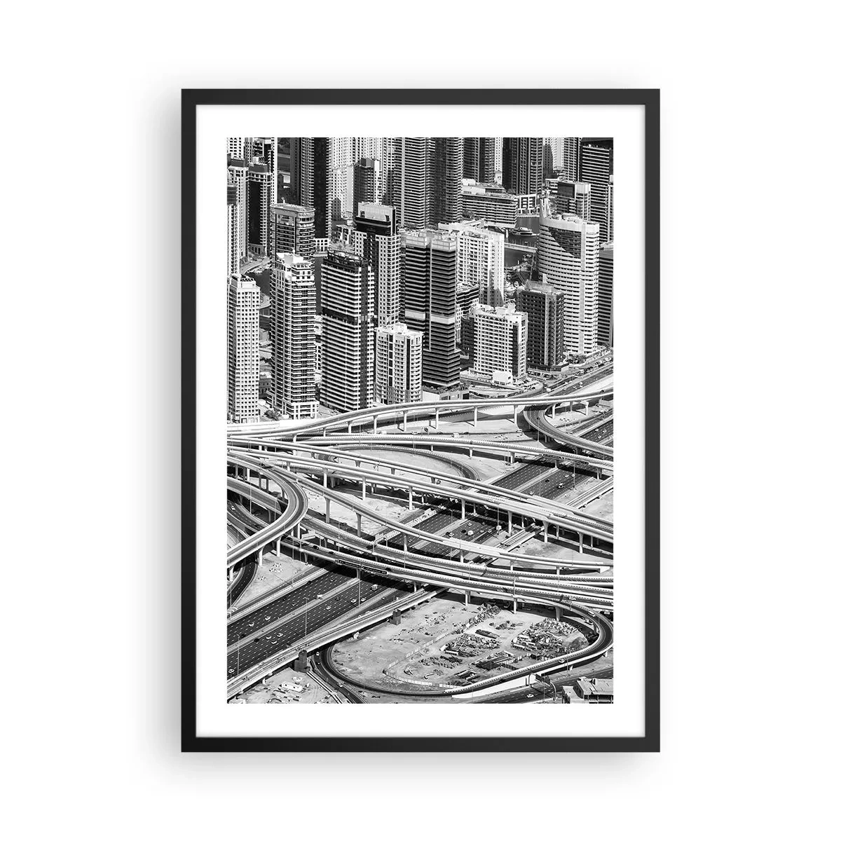 Plakat w czarnej ramie - Miejska panorama z siecią dróg w czarno-białym stylu - 50x70cm - Dubaj – miasto niemożliwe - Nowoczesna dekoracja ścienna do salonu i sypialni ARTTOR