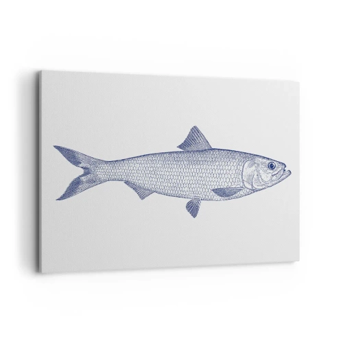 Obraz na płótnie - Ilustracja ryby w odcieniach niebieskiego na jasnym tle - 100x70cm - Pozdrowienia z północnych mórz - Nowoczesna dekoracja ścienna do salonu, kuchni i sypialni ARTTOR