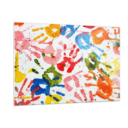 Obraz na szkle - Kolorowe odciski dłoni na białym tle - 120x80cm - Idź po śladach - Nowoczesna dekoracja ścienna do salonu, kuchni i sypialni ARTTOR