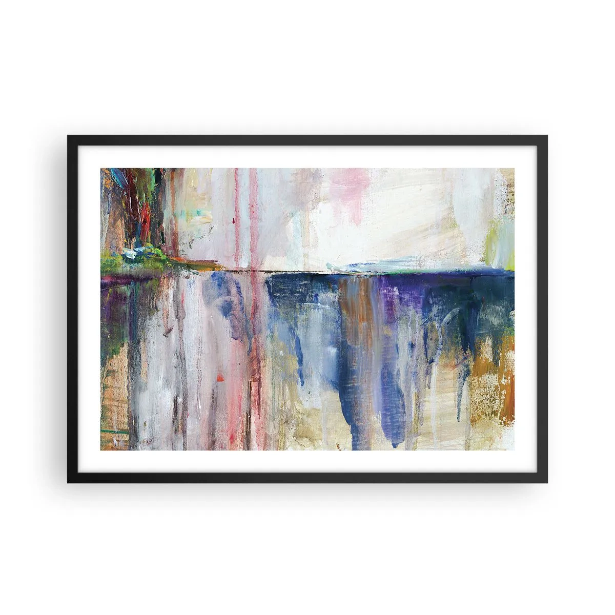 Plakat w czarnej ramie - Abstrakcyjna kompozycja barw z efektem odbicia na płótnie - 70x50cm - Barwne wrażenia i skojarzenia - Nowoczesna dekoracja ścienna do salonu i sypialni ARTTOR