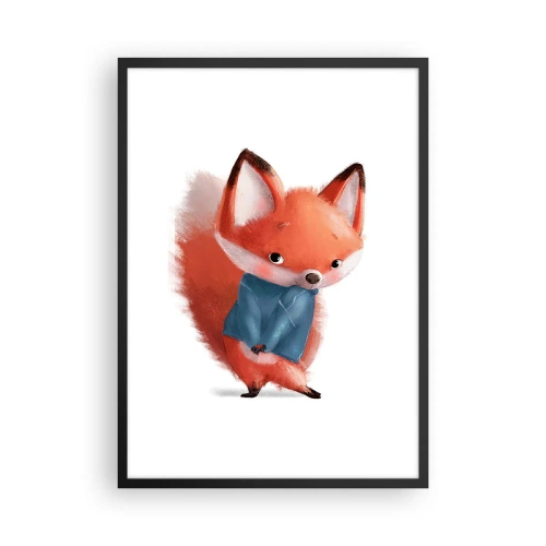 Plakat w czarnej ramie - Ładnie mi w tym? - Uroczy rudy lisek w niebieskim sweterku - 50x70cm